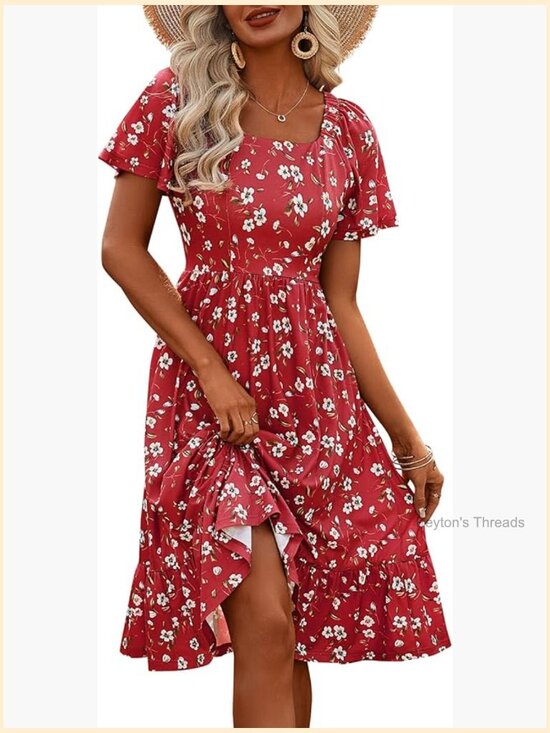 Dresses & Skirts - Square Neck Puff Sleeve A Line Midi Dress with Pockets